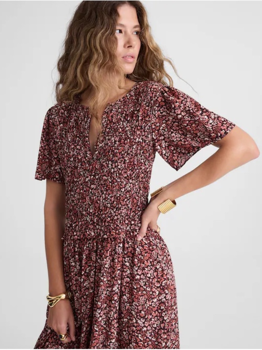 Madewell Zip-Front Flutter-Sleeve Midi Dress Daphne Floral Raisin Blush sz 10 CC - Picture 2 of 8